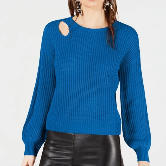 Bar lll Balloon-Sleeves Blue Cutout Sweater - Picture 1 of 8